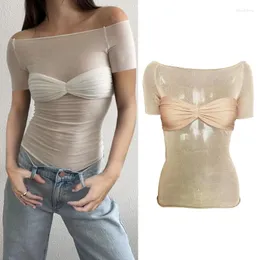 Women's T Shirts Women Off Shoulder Going Out Top Slim-Fit Mesh Ruched Twisted Blouse Y2K T-Shirt