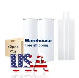 Double Walled 20oz Mugs Sublimation Blanks Straight Tumbler 20 oz Stainless Steel Insulated Slim Thermos Water Bottles With Lid and Straw