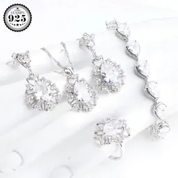 Zestawy srebrne srebrne 925 Zestawy biżuterii kobiety Kamienne bransoletki Pierścienie Białe kolczyki z cyrkon