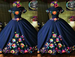 2022 moda charro mexico quinceanera vestidos azul marinho bordado fora do ombro cetim de cetos de volta