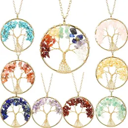 Boho Irregular Chip Stone Crystal Wire Wrap Tree of Life Pendant Amethyst Rose Quartz Chakra Beads Necklace for Women Jewelry
