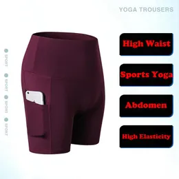 Yoga kläder kvinnors sidofickor hög midja sport kort träning löpning fitness leggings kvinnliga shorts gym bär grossist