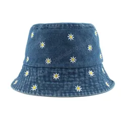 Vintage Washed Denim Bucket Hat Flower Embroidery Foldable Fishing Fisherman Hat Outdoor Travel Beach Sun Hats For Women Men