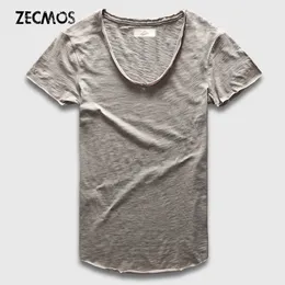 남자 S t 셔츠 zecmos 패션 남자 t 셔츠와 남성 고급 면화 평범한 단단한 곡선 밑단 상단 티 짧은 슬리브 230522