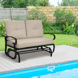 2-Person Outdoor Swing Glider Chair Bench Loveseat Cushioned Sofa Beige