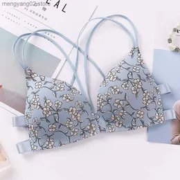 Bras Fashion Floral Print Bra przednie klamra bieliznę szklana seksowna wyściełana bielizna Balette Beauty Cross Back Kobiety pchaj staniki t230522