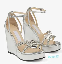 Summer Bing Sandals Shoes Wedge With Crystal-embellished Toe Straps Party Dress High Heels Black Silver Lady Party Wedding Dress EU35-43