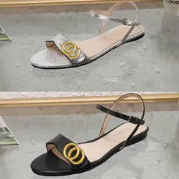 Klassische Designer-Sandalen, Damen-Sandalen, 100 % Leder, flache Unterseite, Strand-Gürtelschnalle, Metall-Damenschuhe, Schwarz, weiches Rindsleder, Damen-Loafer, Größe L: 35–41–42