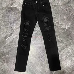 Designerkleidung Amires Jeans Denim-Hosen Amies Black Diamond Pierced Jeans Herrenmode Koreanische Version High Street Fashion Slim Elastic Small Leg Pants Men Distre