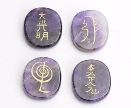 Natural Chakra Amethyst Carnelian Obsidian Rose Quartz Carved Crystal Healing Oval Palm Stones Engraved Usui Reiki Symbols Set