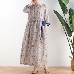 Casual Dresses Vintage Ramie A Line Womens Print Floral 2023 Summer Autumn High Quality Female Robe Longue Ete Femme Plus Size Vestidos