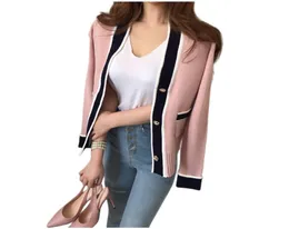 여성의 한국 패션 컬러 블록 두꺼운 가을 니트 스웨터 가디건 슬림 허리 코트 핑크 블루