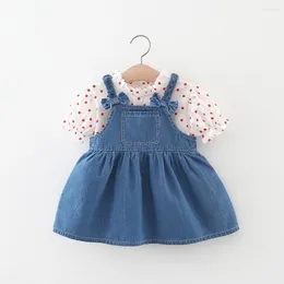 Flicka klänningar söta sommarflickor barn prinsessa jeans övergripande klänning kort ärm dot toppar blus 2 st barn baby spädbarn kläder set