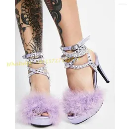 Piattaforma sandali Purple Purple Crystal Cristal Croce Parte Scarpe Peep Teli alti Feather Women Summer Elegant EE04