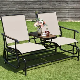 Patio 2-Person Glider Rocking Char Loveseat Garden w Tempered Glass Table