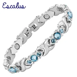 Bangle Escalus 24pcs Blue Crystals Magnetic Bracelet For Women Silver Color Stainless Steel Link Chain New Bracelets Jewelry Gift