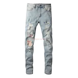 Дизайнерская одежда Джинсы Amires Джинсовые брюки Amies 23ss High Street Перфорированные красочные нашивки из старой промывной воды Эластичные облегающие джинсы Маленькие джинсы для мужчин Dist