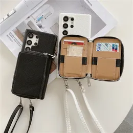 Luxury Crossbody Zipper Lychee Mönster Folio Vogue Phone Case för iPhone 14 13 Mini 12 11 Pro Max XR XS 7 8 Plus flera kortplatser Solid läderplånbok bakåt omslag