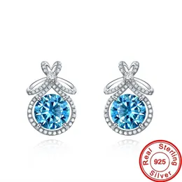 Bowknot Aquamarine Elmas Küpeler% 100 Gerçek 925 STERLING Silver Party Düğün Damla Dangle Küpeler Kadın Mücevher Hediyesi