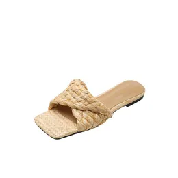 Zapatillas de moda de tacón plano para mujer, tejido cruzado, Material cómodo, transpirable, con punta abierta, sandalias informales, zapatos de mujer para verano