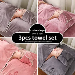 Пользовательский логотип красавица салон 3pcs Микрофибресный набор полотенец, турбан + грудное полотенце + наволочка, наборы полотенец для ванны салона.