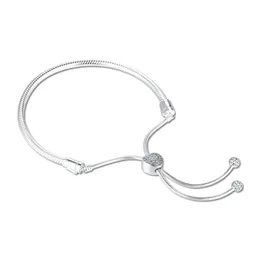 Momenty Bangle Moments Zamknięcie serca wąż łańcuch Slider Bransoletka 925 Srebrna biżuteria Regulowane bransoletki dla kobiet walentynki