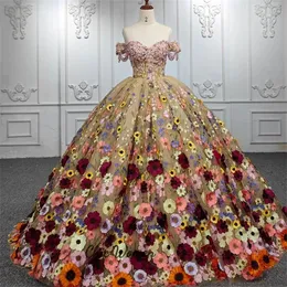 Princess 3D Floral Quinceanera Sukienki z ramion koronki gorset słodki 15 lat vestidos 15 quinceaneras 2023 Sukienka urodzinowa