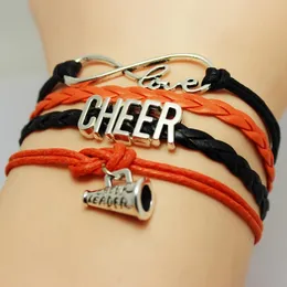 Braccialetto 10 Pz / lotto Infinito Amore Cuore Megafono Cheer Mamma leader Tifo Squadra Squadra Fascino Ragazze Braccialetti avvolgenti in pelle Donna Uomo Gioielli