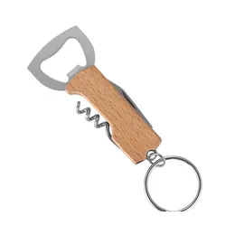 Openers Beech Beer Bottle Opener Mtifunctional Stainless Steel Corkscrew Wooden Keychain Portable Folding Knife Keychains Kitchen To Dhfej