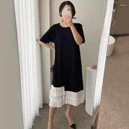 Casual Dresses O Neck Short Sleeve Loose Patchwork Wild Contrast Irregular Black Pleated Dress Women Summer Vestidos Mujer Lace Ruffle