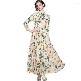 Casual Dresses 2023 Spring Autumn Women Long Sleeve Dress High Quality Fashion Flowers Print Vacation Chiffon Bohemian