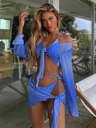 New Summer Women Blue 4 Pieces Swiming Suit Halter Bikin Matching Set With Cover Up Beach Outfits Sexy Co Ords Clothes