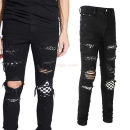 Designerkleidung Amires Jeans Denim Hosen Amies 8538 Modemarke High Street Broken Jeans Herren 2022 Sommer Checker Patch Fashion Slim Fit Hose Distressed Ripped