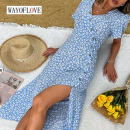 Kleider WayofLove Frau Sommer Vintage Button Midi Kleider Casual Holiday Beach gegen Hals Office Blumen Print Vestidos Elegante Partykleider