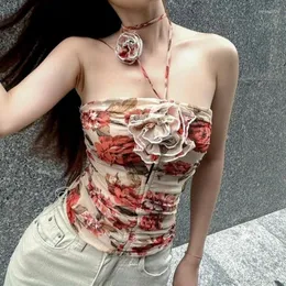 Kvinnors tankar 2023 Spring Women's Clothing European och American Retro Tube Top Wrinkled Rose Print Halter Neck Camisole Vestidos