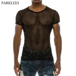 Erkek Tişörtler Erkekler Mesh See-through Fishnet T Shirt Moda Seksi Kısa Kollu Fanila Gece Kulübü Giyim T-Shirt Sokak Giyim Üstleri 230522