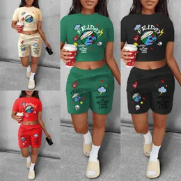 Plus Size S-5XL Designer Tracksuits Women Pattern Printed Shorts Two Piece Set Round Neck Crop Top Shorts Casual Jogging Suits Sporty 2pcs Outfits