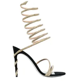 Rene Caovilla Cleo Open Toe Sandaler Crystal Embellished Spiral Wrap Around Sandal Twining Rhinestone Sandal Women Rainbow Stiletto Heels Shoes 35--42 XXAA XOXOXO