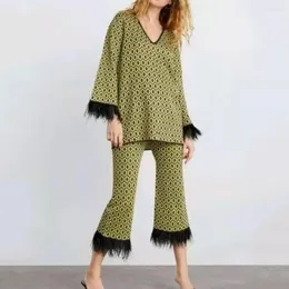 Dwuczęściowe spodnie kobiet 4xl 2PCS Autumn Tops Geometryczny nadruk luz luźne pullover długie rękawy puszysty mankiet v decip jesień bluzki