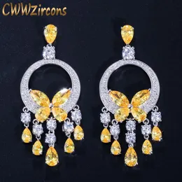 結び目cwwzircons quality long big cz stone yellow crystal tassel drop earrings for womans forse fashion statementウェディングパーティージュエリーcz034