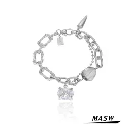 Bangle Masw Jóias Originais Bronze Metal Chain Pulseira 2021 Nova Tendência Uma Camada Geométrica Vidro AAA Zircão Pingente Pulseira Para Mulheres