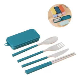 Dinnerware Sets Wheat St Tableware Set Portable Folding Tablewares Cutlery Knife Fork Spoon Chopsticks Detachable With Storage Box 8 Dhe6M