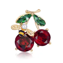 Pins Brooches Red crystal cherry brooch for women's elegant enamel fruit bee collar lapel pin wedding casual shirt office brooch gift G220523