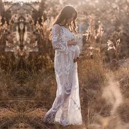 Maternity Dresses SMDPPWDBB Lace Maternity Dress for Photography Boho Women Maxi Dress Loose Embroidery White Lace Gown Long Tunic Beach Dress T230523