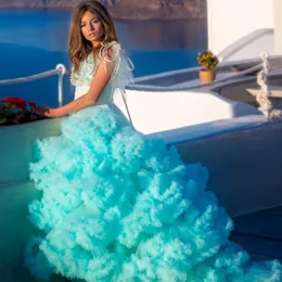 Tiered Ruffles Blue Girls Pageant Dresses Cloud Formal Wear One Shoulder Ball Gown Kids Birthday Party Dress 326 326