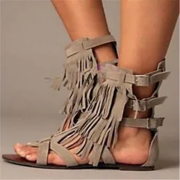 Western Fashion Women Open Toe Suede Leather Tassels Flat Gladiator Sandals Buckles Strap Fringes Flat Sandals Bohemia Sandals8685282
