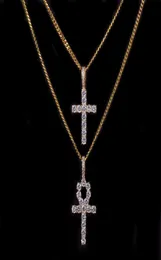 Mrożony cyrkon Ankh Cross Naszyjnik Zestaw biżuterii Złote Srebrny Miejsca Materiał Bling CZ Klucz do życia Egipt Naszyjniki 6885388