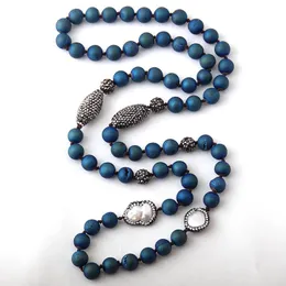 Necklaces Fashion Blue Druzy Beads Knotted Halsband Handmake Paved Natural Stone and Pearl Beads Necklace