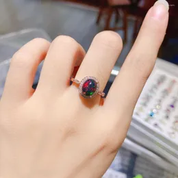 Cluster Rings Natural Black Opal Ring 925 Серебряное Серебряное Серебряное 7x9 мм прозрачное флеш -пожар Цветный Gemstone Pretty Girl подарок