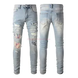 Erkekler Kot Tasarımcısı Amires Jeans denim amies 6637 Yeni Yırtıcı Kot Yama Zayıflama Elastik Tri Sabit Taytlar Açık Renk Kot R